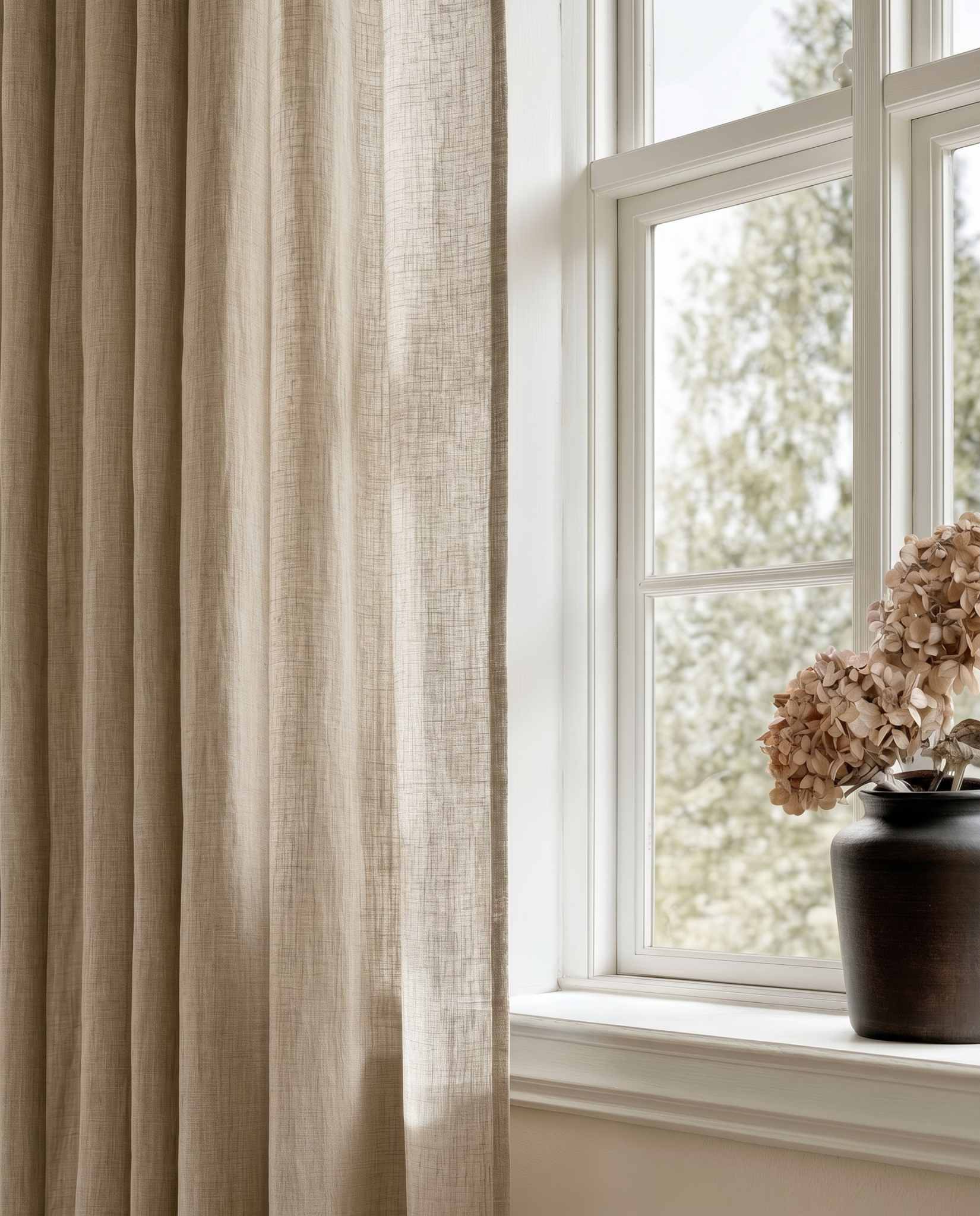 Light brown Linen Curtains close-up. Mariana Bisque by Ada & Ina