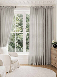 Light Grey Pleated Linen curtains for Living room. Made of pre-washed linen Bianco Dove by Ada & Ina.