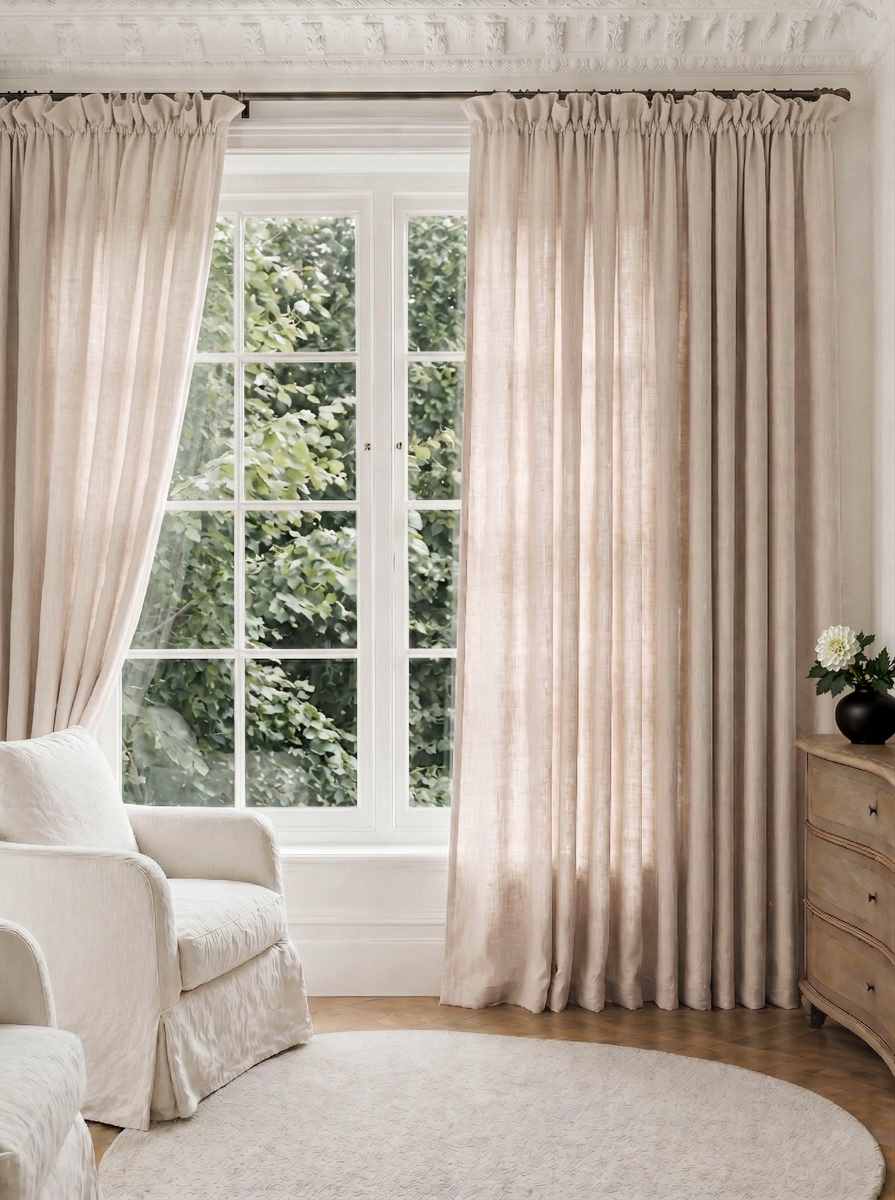 Light Natural Pleated Linen curtains for Living room. Made of pre-washed linen Bianco Oatmeal by Ada & Ina.