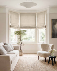 Light Natural Linen Bay window roman blinds for Living room and bedroom. Lined. Greta Light Natural.