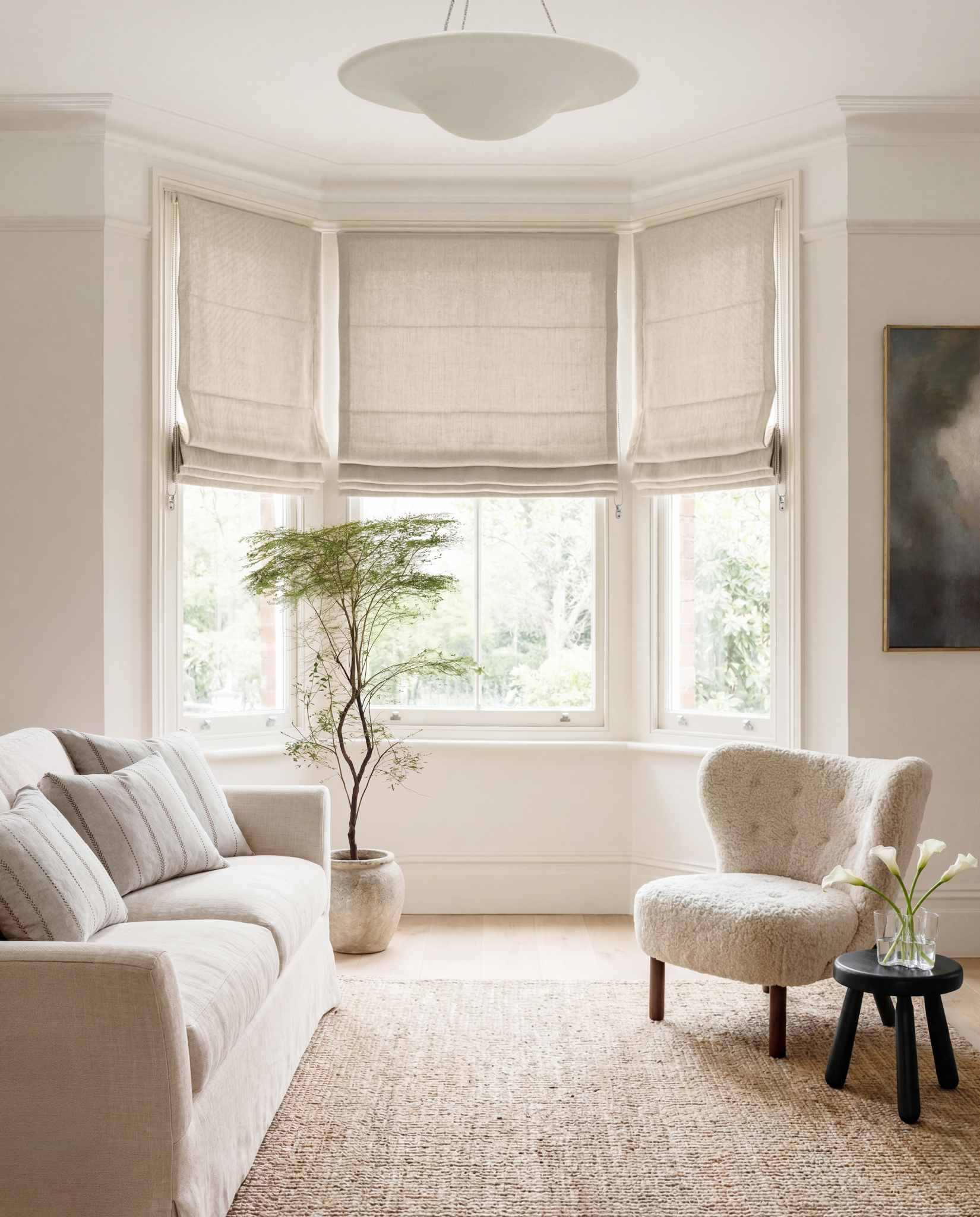 Light Natural Linen Bay window roman blinds for Living room and bedroom. Lined. Greta Light Natural.