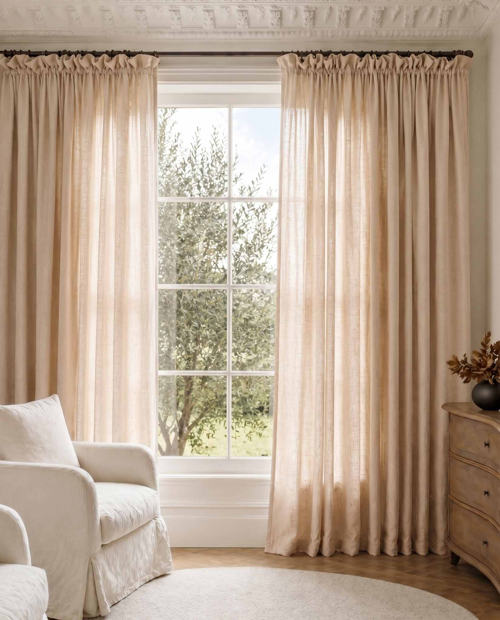 Light Pink Wide Linen Curtains. Made of double width 280 cm wide soft pure linen fabric Vilgot Powder Pink by Ada & Ina