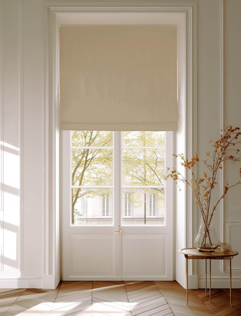 Neutral 100% Cotton roman blind made of Amara Light Sand fabric