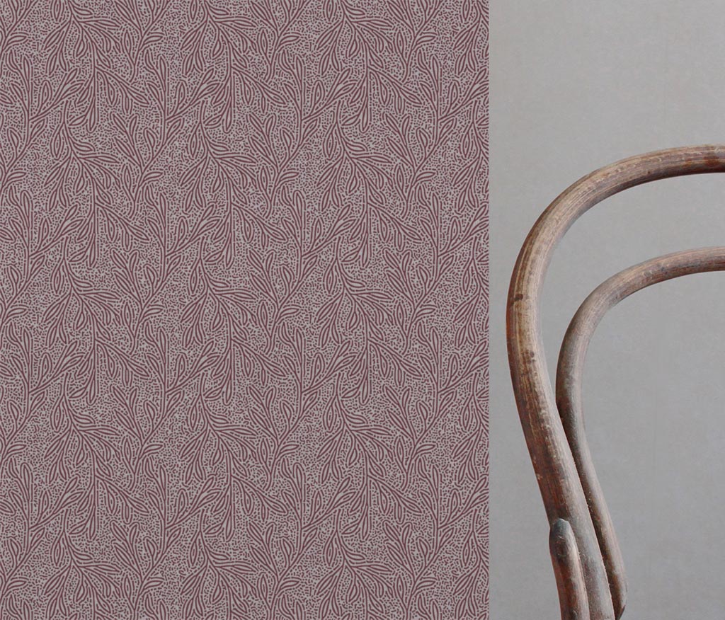 Red Patterned Linen Curtain Fabric - Alma Wine - Natural base fabric.
