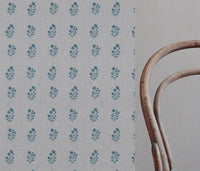Blue Floral Linen Curtain Fabric - Cherie Blue Stone - Natural base fabric.