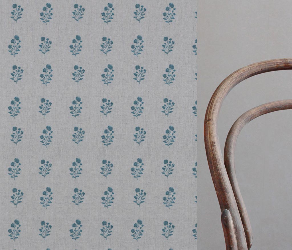 Blue Floral Linen Curtain Fabric - Cherie Blue Stone - Natural base fabric.