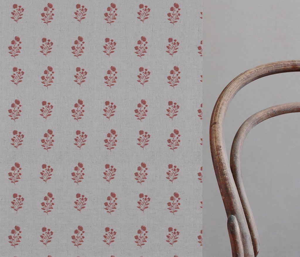 Red Floral Linen Curtain Fabric - Cherie Crimson Red - Natural base fabric.