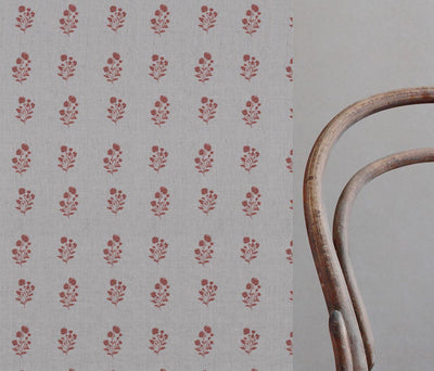 Red Floral Linen Curtain Fabric - Cherie Crimson Red - Natural base fabric.