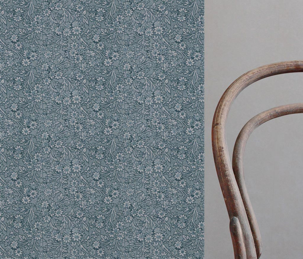 Blue Floral Linen Curtain Fabric - Cheye Blue Stone - Natural base fabric.