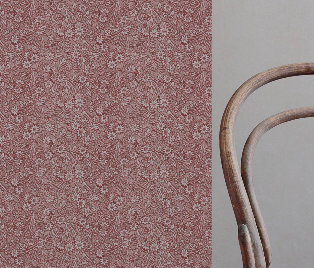 Red Floral Linen Curtain Fabric - Cheye Crimson Red - Natural base fabric.