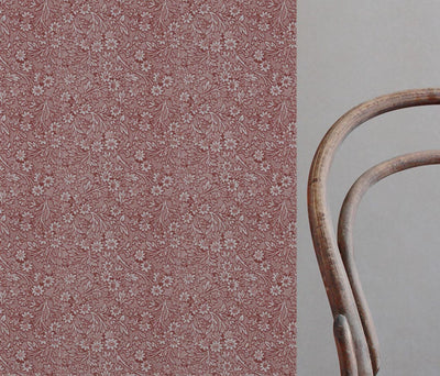 Red Floral Linen Curtain Fabric - Cheye Crimson Red - Natural base fabric.
