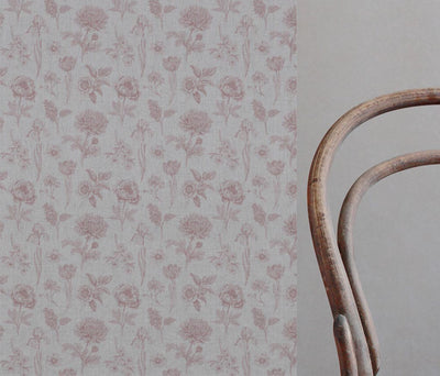 Pink Floral Linen Curtain Fabric - Cirian Dusty Pink - Natural base fabric.