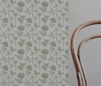 Green Floral Linen Curtain Fabric - Cirian Khaki - Natural base fabric.