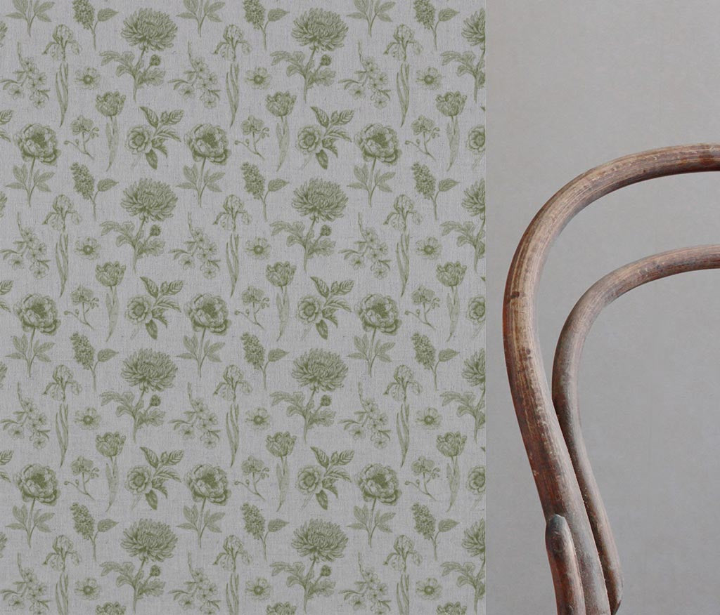 Green Floral Linen Curtain Fabric - Cirian Khaki - Natural base fabric.