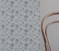 Blue Floral Linen Curtain Fabric - Cirian Paris Blue - Natural base fabric.
