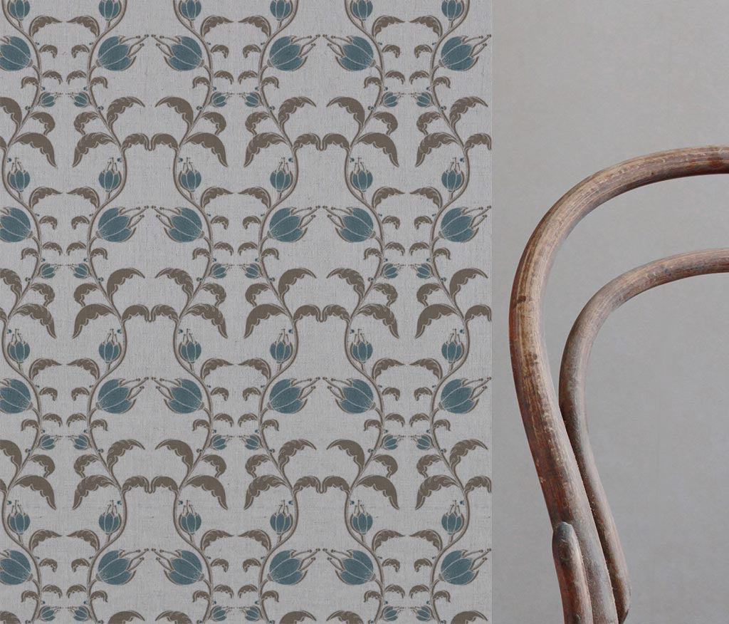 Blue and Brown Patterned Linen Curtain Fabric - Dana Blue Pebble  - Natural base fabric.