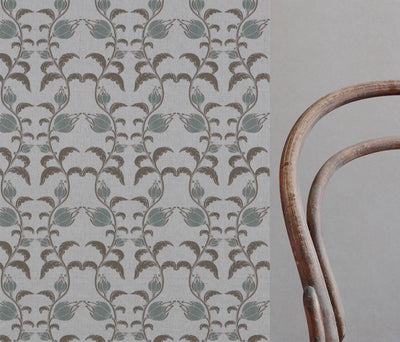 Green and Brown Patterned Linen Curtain Fabric - Dana Sage Pebble  - Natural base fabric.