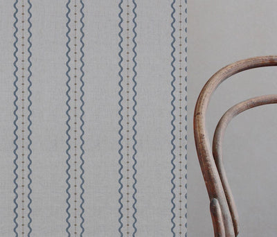 Blue and Brown Patterned Linen Curtain Fabric - Daphne Denim - Natural base fabric.