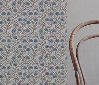 Blue Floral Linen Curtain Fabric - GoldMae Blue Stone - Natural base fabric.