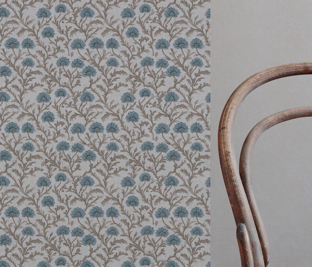 Blue Floral Linen Curtain Fabric - GoldMae Blue Stone - Natural base fabric.