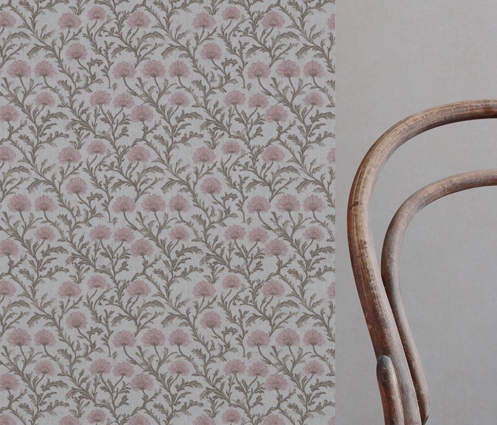 Pink Floral Linen Curtain Fabric - GoldMae Dusty Pink - Natural base fabric.