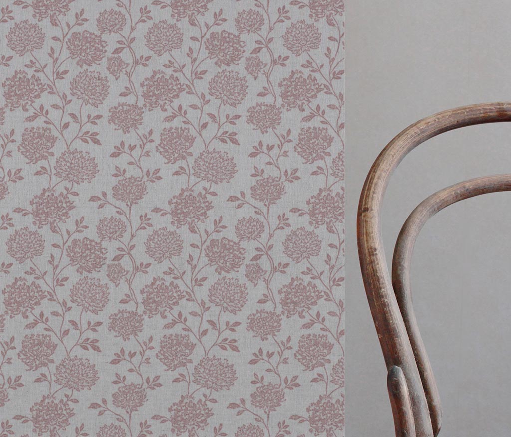 Pink Floral Linen Curtain Fabric - Hulsey Dusty Pink - Natural base fabric.