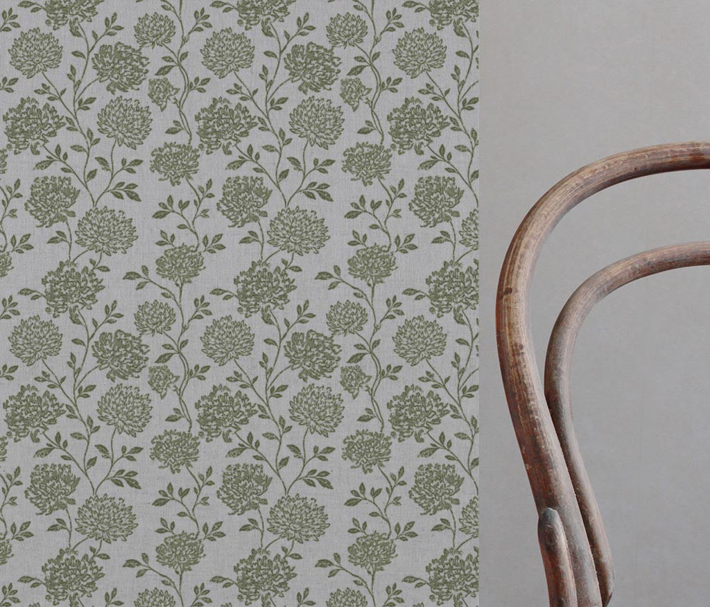 Green Floral Linen Curtain Fabric - Hulsey Khaki - Natural base fabric.