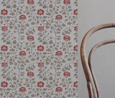 Red Floral Linen Curtain Fabric - Islie Crimson Red - Natural base fabric.