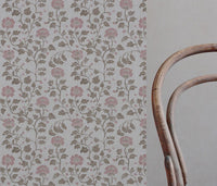 Pink Floral Linen Curtain Fabric - Islie Dusty Pink - Natural base fabric.