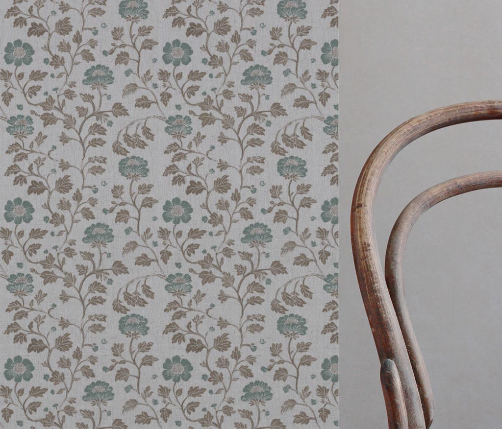 Light Green Floral Linen Curtain Fabric - Islie Sage - Natural base fabric.