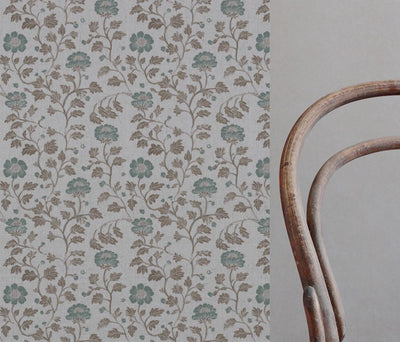 Light Green Floral Linen Curtain Fabric - Islie Sage - Natural base fabric.