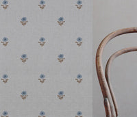 Blue Floral Linen Curtain Fabric - Ksandra Blue - Natural base fabric.