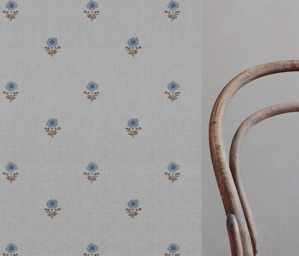 Blue Floral Linen Curtain Fabric - Ksandra Blue - Natural base fabric.