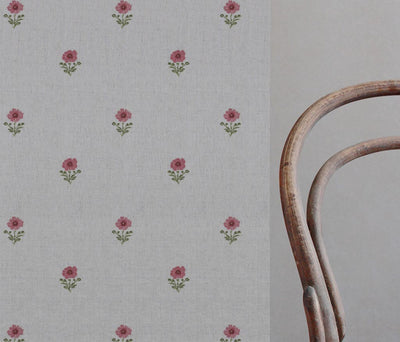 Red Floral Linen Curtain Fabric - Ksandra Red - Natural base fabric.