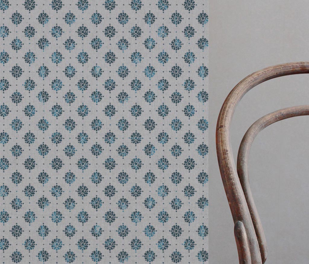 Blue Abstract Floral Linen Curtain Fabric - Lany Blue Stone - Natural base fabric.
