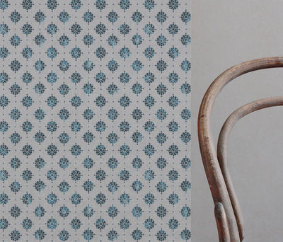 Blue Abstract Floral Linen Curtain Fabric - Lany Blue Stone - Natural base fabric.