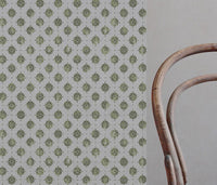 Green Abstract Floral Linen Curtain Fabric - Lany Khaki - Natural base fabric.