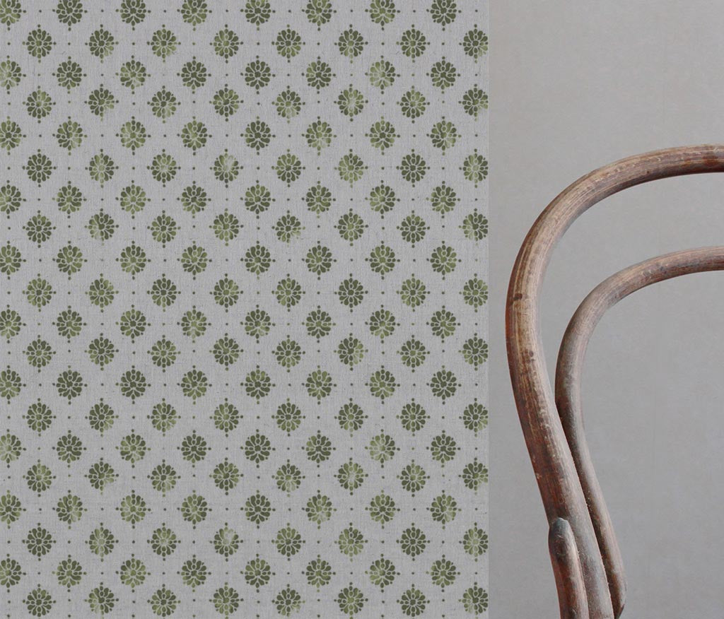 Green Abstract Floral Linen Curtain Fabric - Lany Khaki - Natural base fabric.