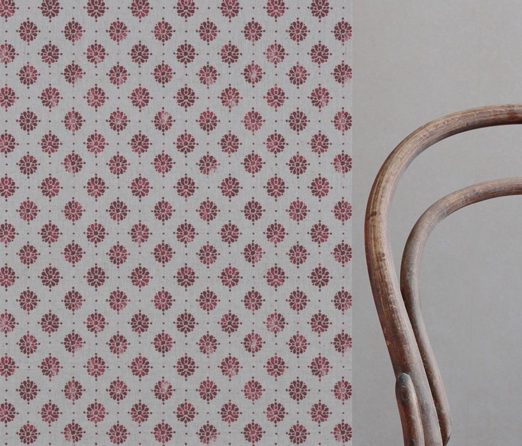 Red Abstract Floral Linen Curtain Fabric - Lany Wine  - Natural base fabric.