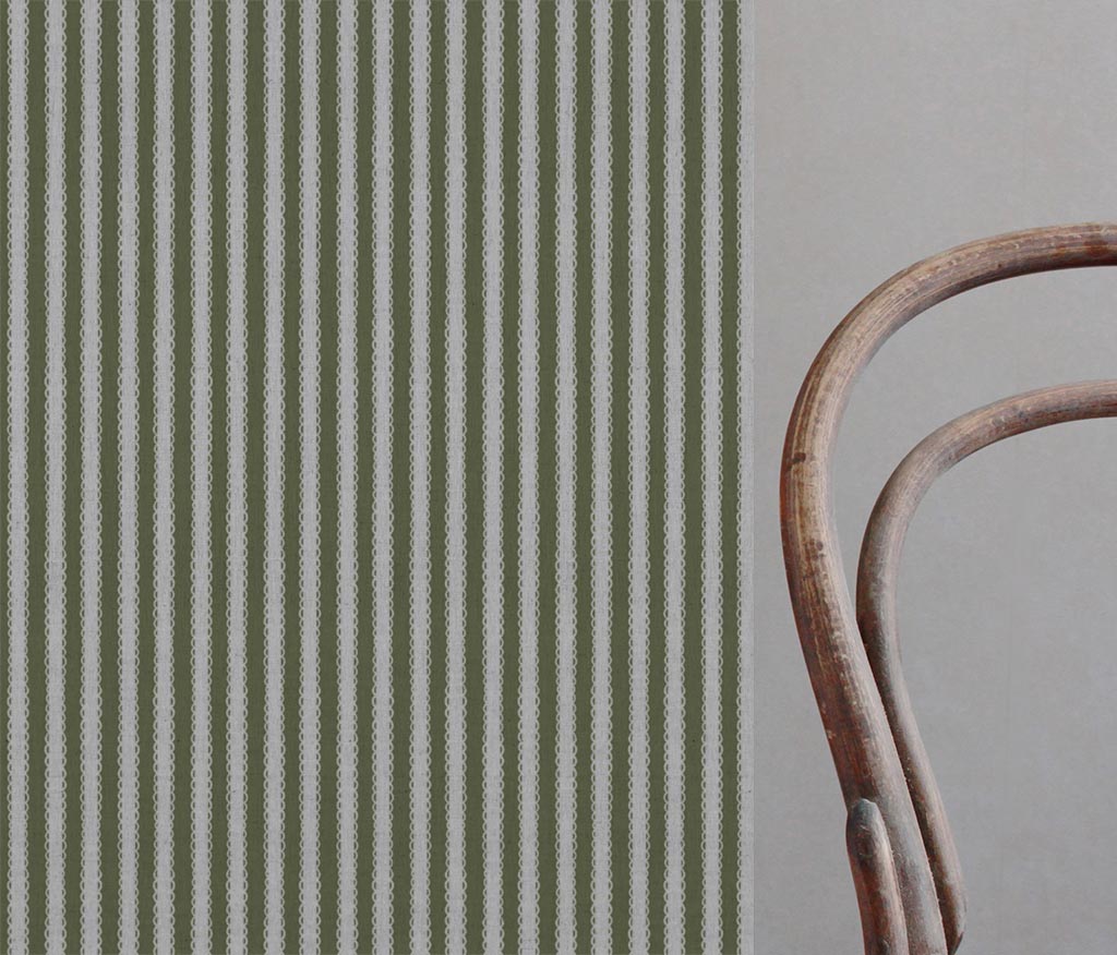 Green Striped Linen Curtain Fabric - Lisabella Khaki - Natural base fabric.