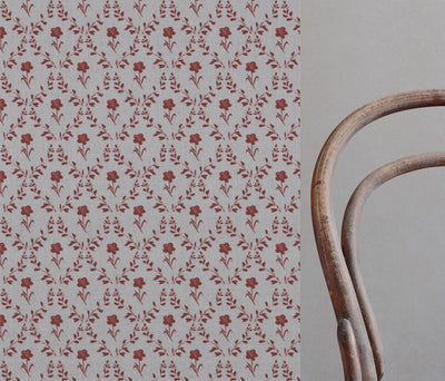 Red Botanical Linen Curtain Fabric - Lulani Crimson Red - Natural base fabric.