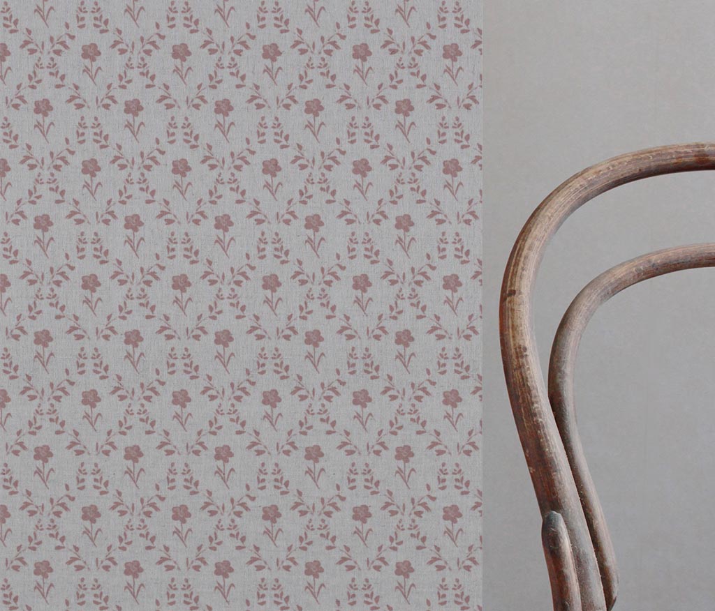 Pink Botanical Linen Curtain Fabric - Lulani Dusty Pink - Natural base fabric.