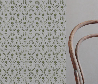 Green Botanical Linen Curtain Fabric - Lulani Khaki - Natural base fabric.