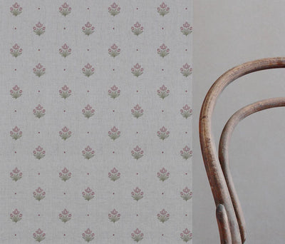Red Floral Linen Curtain Fabric - Maryam Wine - Natural base fabric.