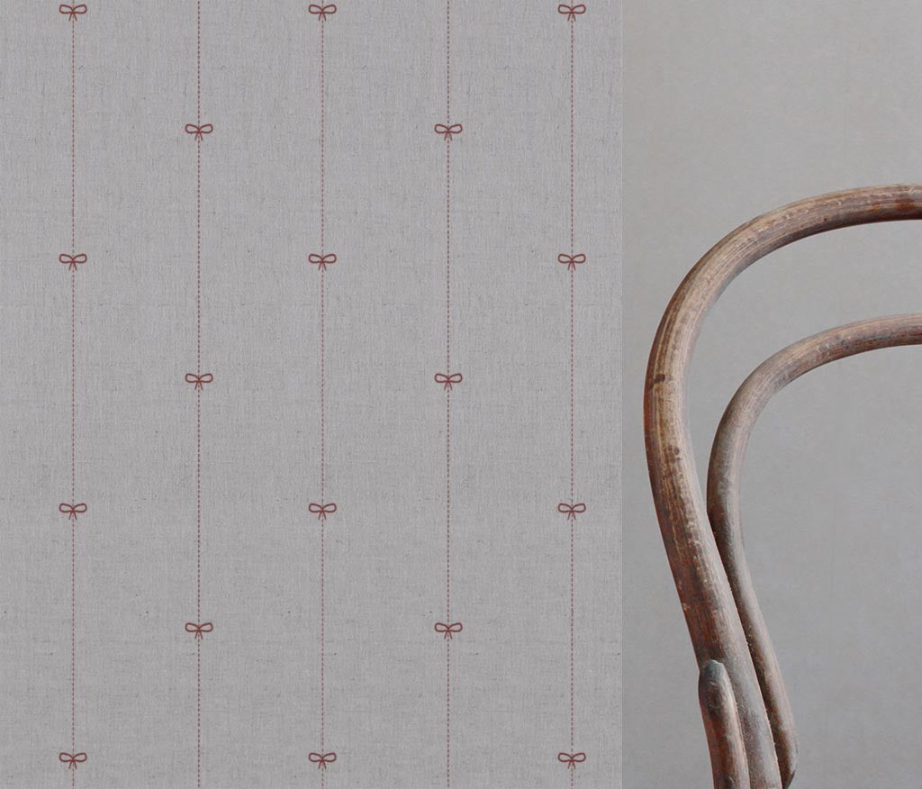 Red Striped Linen Curtain Fabric - Mimmi Crimson Red - Natural base fabric.