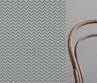 Green Patterned Linen Curtain Fabric - Azig Jade Mist - Natural base fabric.