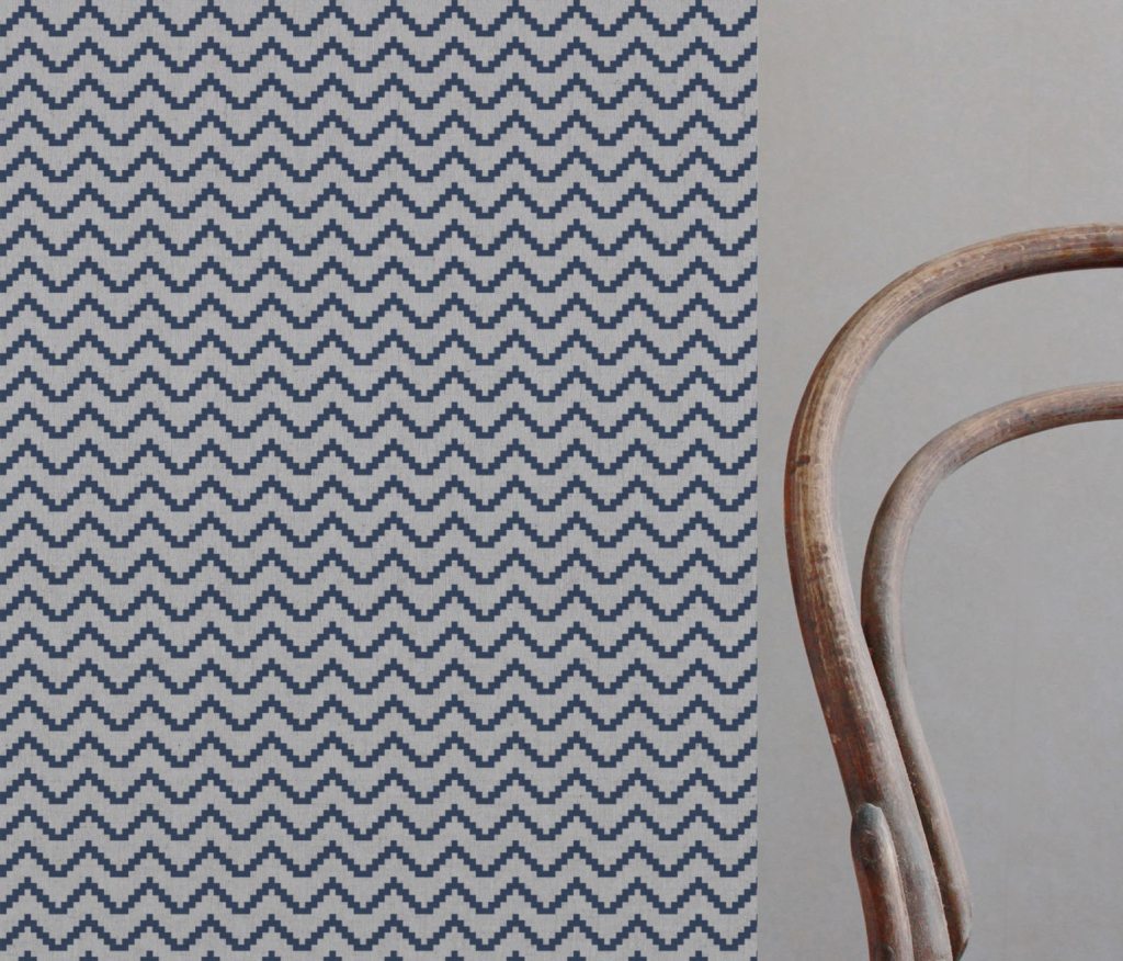 Blue Patterned Linen Curtain Fabric - Azig NightBlue - Natural base fabric.
