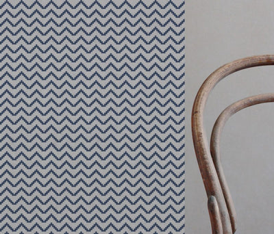 Blue Patterned Linen Curtain Fabric - Azig NightBlue - Natural base fabric.