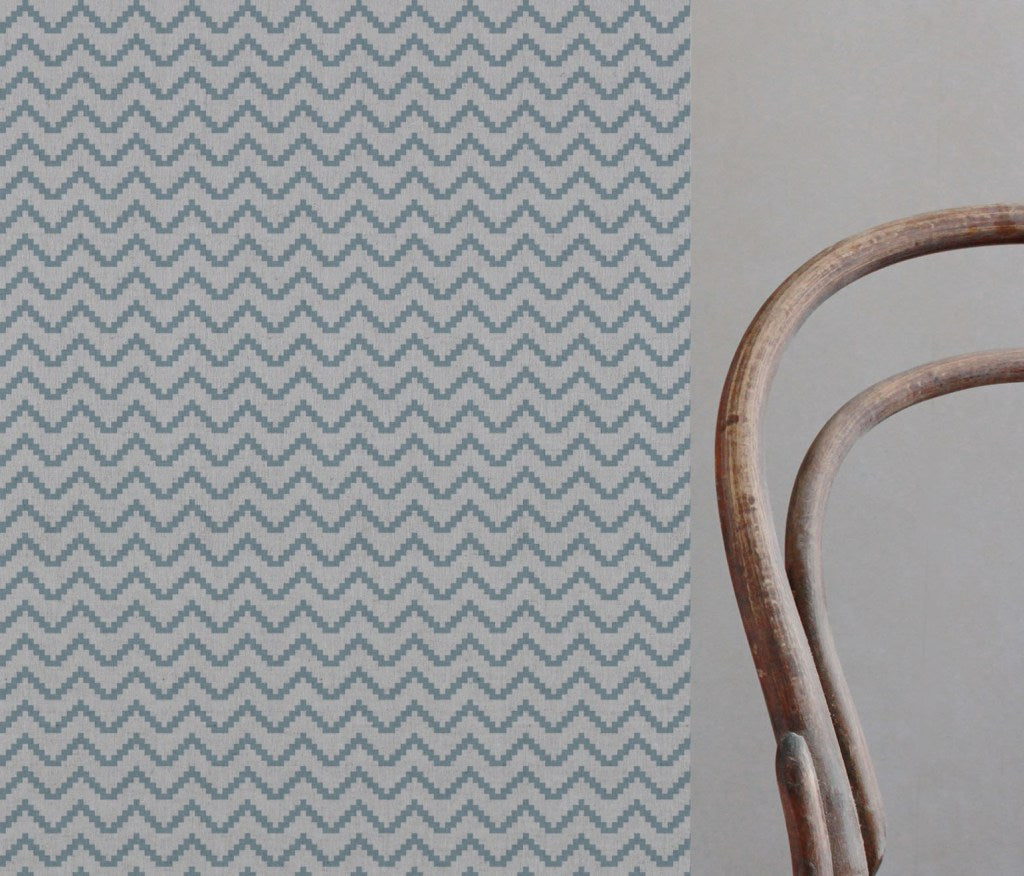Blue Patterned Linen Curtain Fabric - Azig Sky - Natural base fabric.