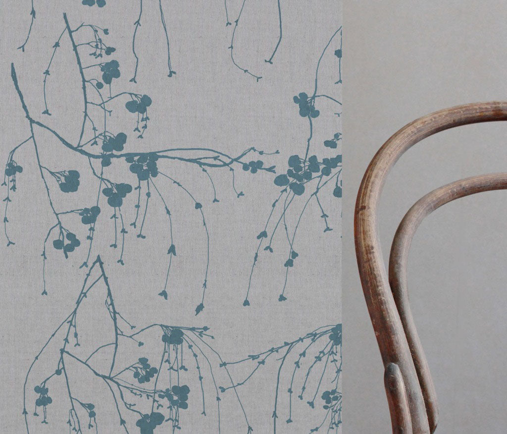 Blue Patterned Linen Fabric - Berry Marine - Natural base fabric.